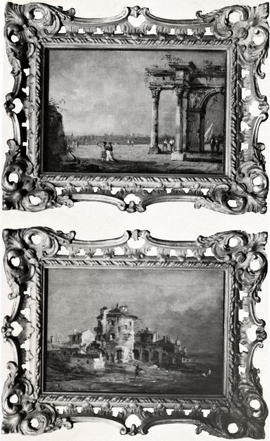 Anonimo — Guardi Francesco - sec. XVIII - Capriccio con rovine classiche e figure; Paesaggio lagunare con borgo e figure — insieme